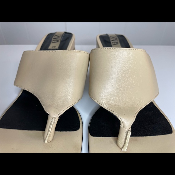 Zara Women Heeled Leather Square Toe Thong Sandals Beige/Nude Size 7 US 38 Euro - Picture 5 of 14